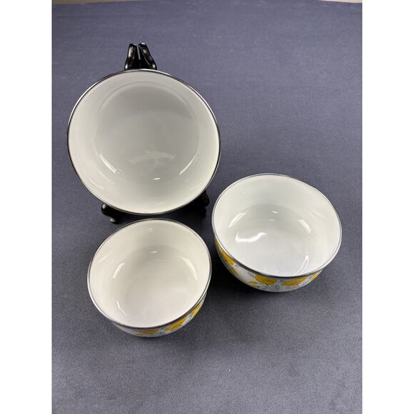 VTG Kobe Enamelware Metal Nesting Bowl Set of 3 Yellow Poppy w/lids - Picture 3 of 11